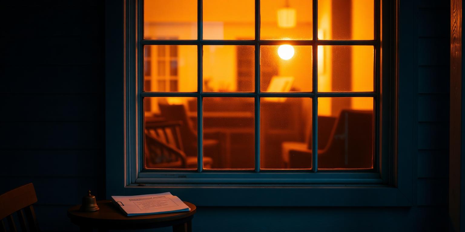 Warm porch window at dusk with a notepad and bell on a side table