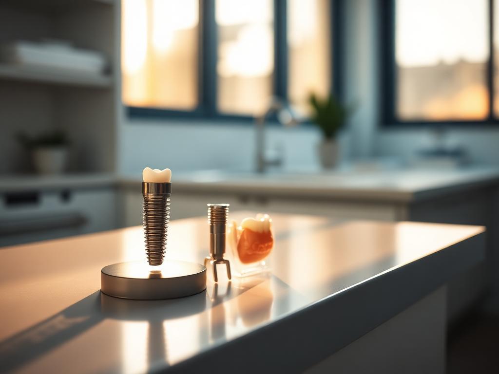 Dental implant model on a clinician's desk under warm lamp light