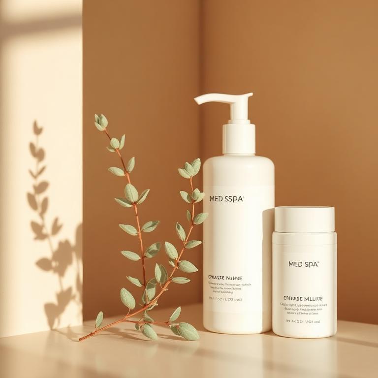 Med spa counter with neutral skincare bottles and a small bouquet in evening light