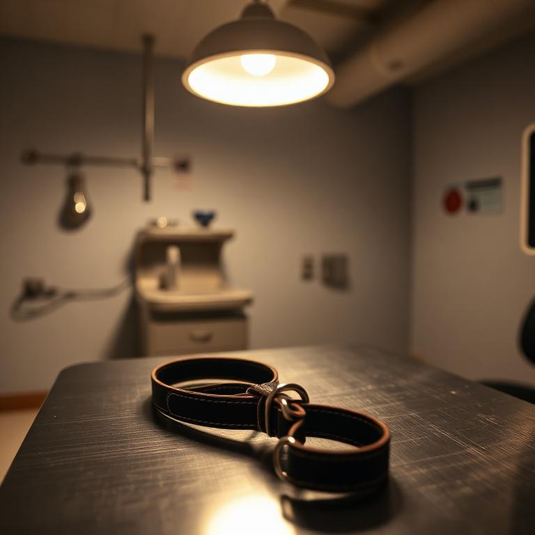 Veterinary clinic reception with a soft lamp and a small leash on the counter