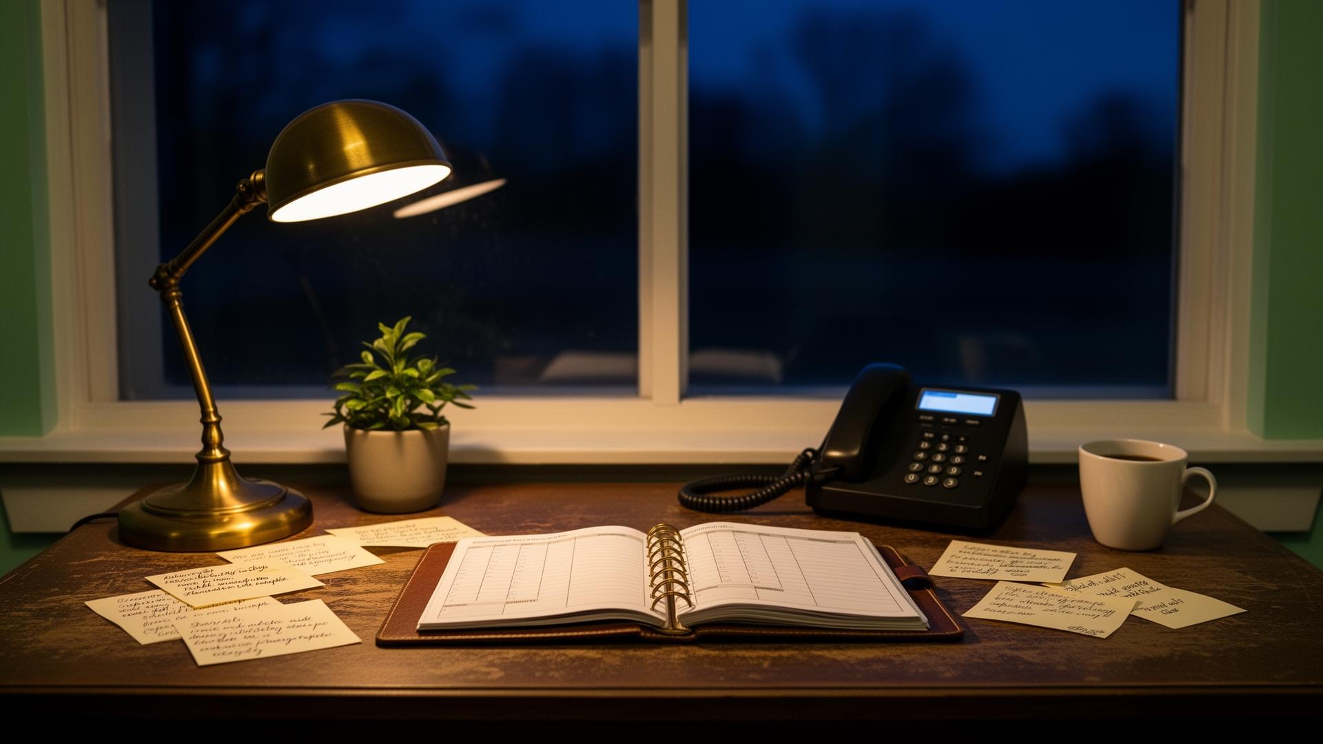 After-hours front desk with phone, appointment book, and callback notes.